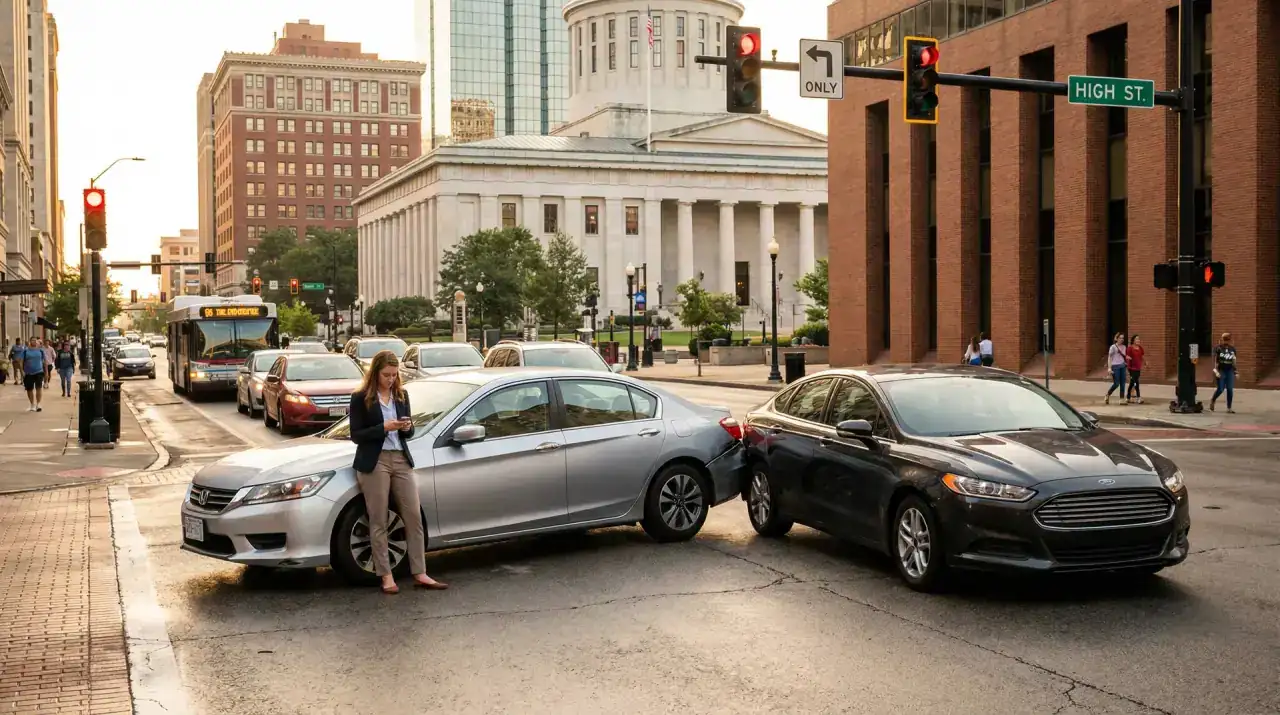 Minor car accident at a downtown Columbus intersection during morning rush hour
