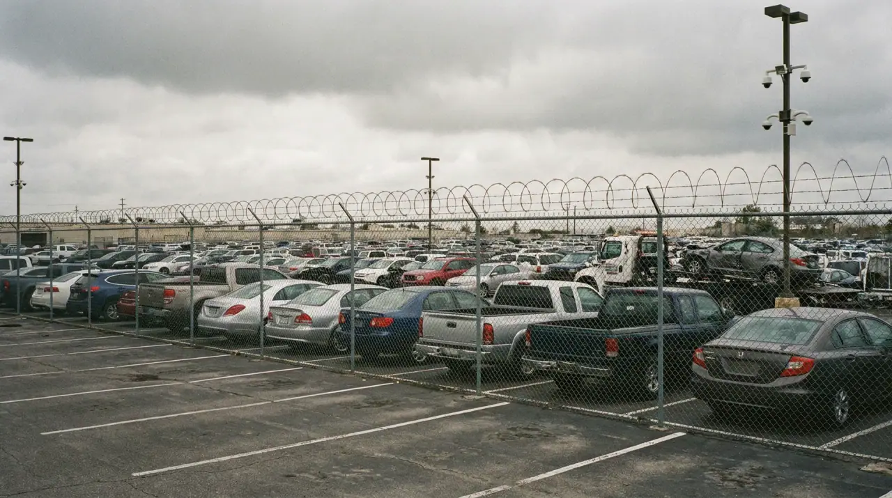 Flatbed tow truck loading a sedan at a fenced Columbus impound lot