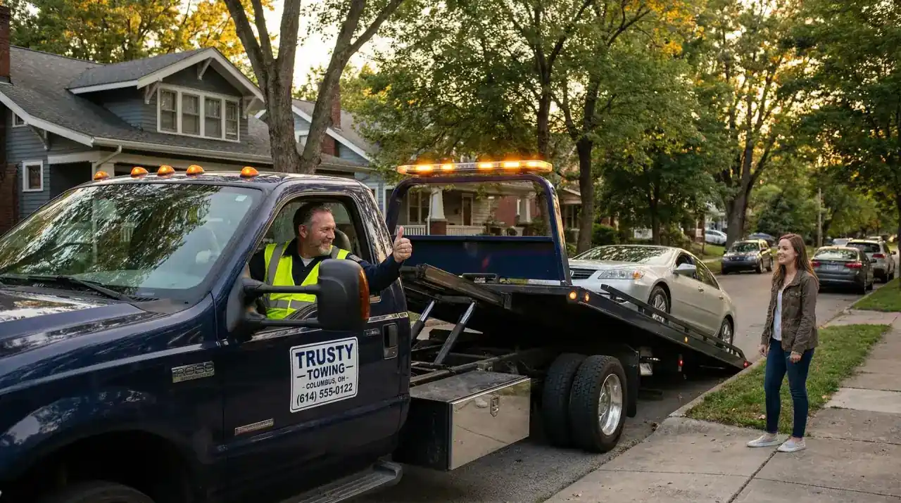 Friendly tow truck driver loading a sedan on a Columbus Ohio residential street at dusk