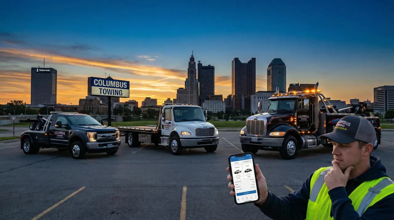 Fleet of professional tow trucks parked in Columbus Ohio with the city skyline at sunset