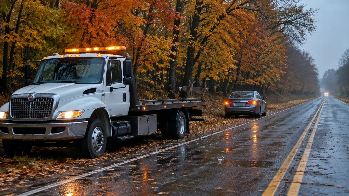 Flatbed tow truck on a leaf-covered Central Ohio road at dusk with a stalled sedan ahead and deer at the tree line