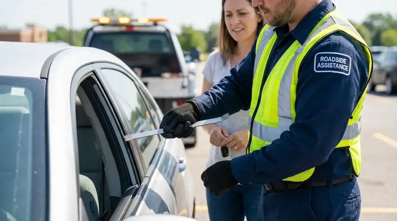 Roadside technician in a safety vest opening a locked silver sedan's driver door with a flat entry tool while the owner waits beside the car