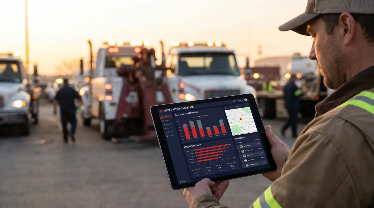 Towing company owner reviewing fleet management dashboard on a tablet in a busy tow truck yard at dawn