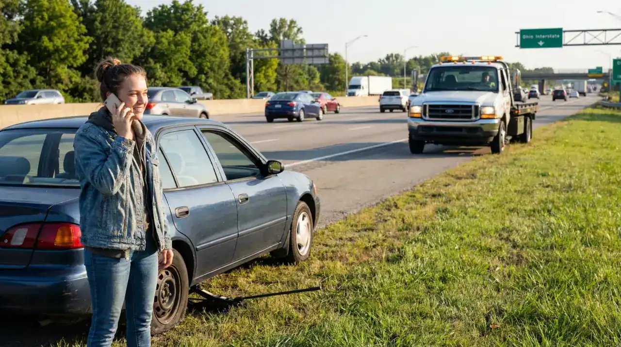 Young woman on highway shoulder with flat tire, tow truck arriving