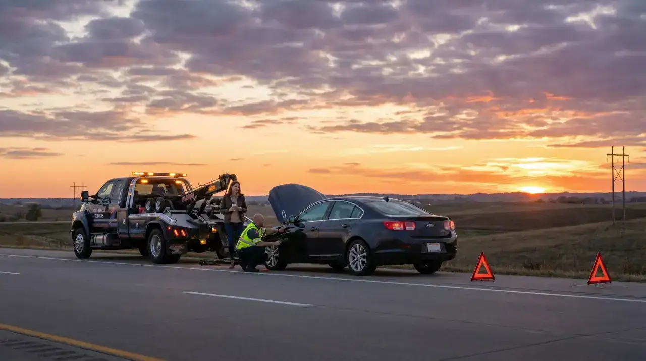 Roadside technician helping a driver beside a disabled car on a rural Ohio highway at dusk, with warning triangles set behind the car
