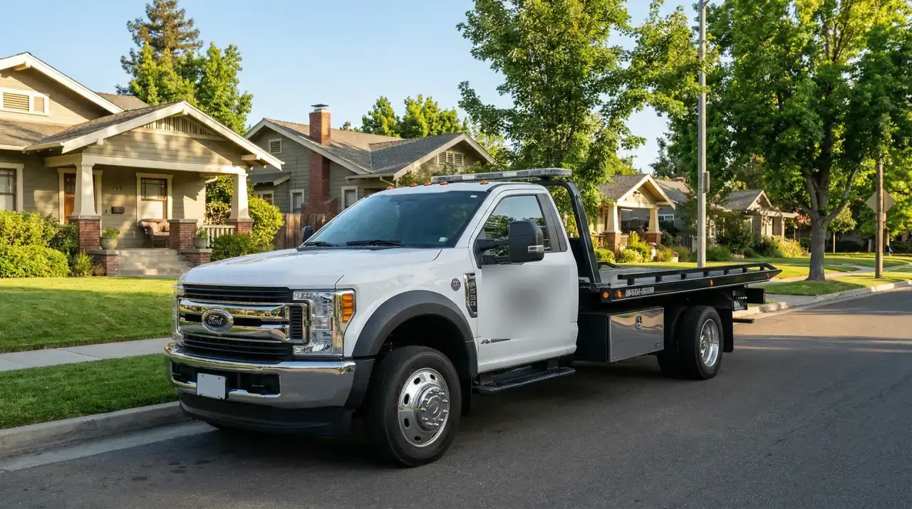Flatbed tow truck parked on a quiet residential street on a sunny afternoon