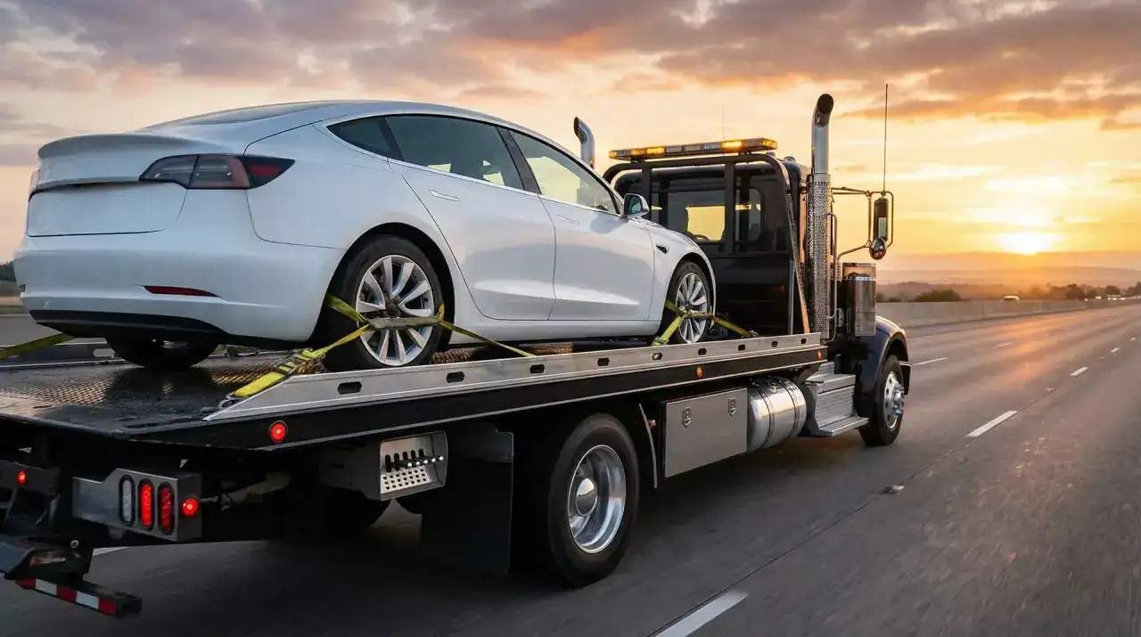 White Tesla on a flatbed tow truck — EV and Tesla towing quote, Columbus, Ohio